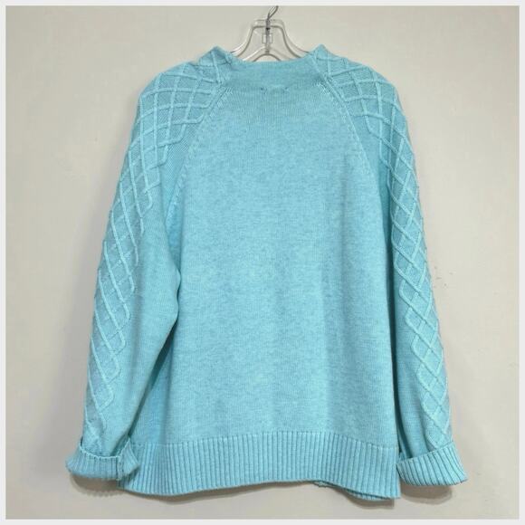 Talbots Women’s XL 16/18  Blue Cable Knit Mock Neck Sweater Silver Buttons - Picture 9 of 12